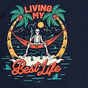 DOM 3x t shirt. Dark blue living your best life skeleton in hammock